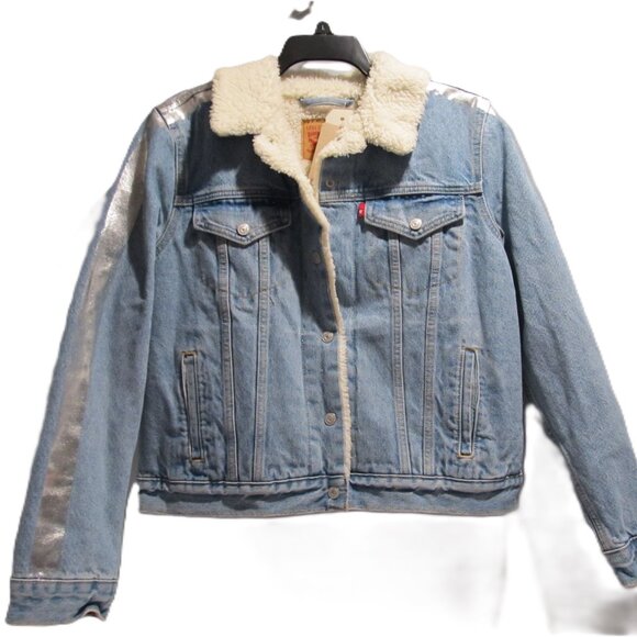 Levis Women's Original Trucker Jacket Denim Sherpa Lining Shine Theory LargeNWT - Picture 2 of 7